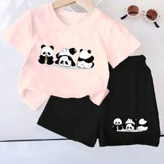 M Other Sets Shein pcs Baby Girls Cute Cartoon Panda Printed Casual Comfortable Round Neck Short Sleeve Top And Shorts Set Summer Outfits