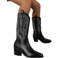 Shein Fashion Black Western Boots For Women Embroidered Fashion Pointed Toe Chunky Heel Mid Calf Western Boots For Women