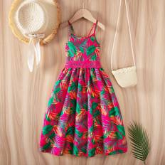 Children's Clothing Shein Young Girls Tropical Print Contrast Lace Strap Dress For Vacation Leisure