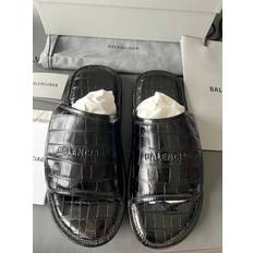 Balenciaga Men Slides Balenciaga New Super Runway Croc Embossed Leather Slides Shoes in Black, Men's Size 13