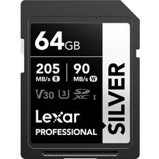 LEXAR 64GB SD Card SILVER, Up to 205MB/s Read, 90MB/s Write, SDXC UHS-I Memory Card, Class 10, U3, V30, SD Card for Professional Photographers