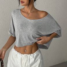 Shein Women Oversized Loose Fit Knitted One Shoulder Crew Neck TShirt Grey
