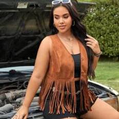 Shein Plus dam Western Rural Vacation Music Festival Vintage brun fransad rmls jacka mocka