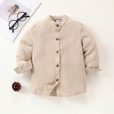 Solid Colours Shirts Shein Young Boy Textured Fabric Stand Collar Long Sleeve Shirt