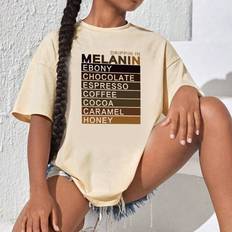 Viscose Tops Shein Tween Girls Casual Printed Apricot Color Short Sleeve TShirt With Round Neck For Summer