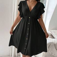 Shein Plus Solid Color Buttoned VNeck Dress With Ruffle Hem