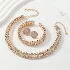 Gold Plated Jewellery Sets Shein pcsSet Elegant Rhinestone Gold Plated Round Collar Necklace Bracelet Earrings Set For Womens Evening Party