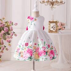 L Dresses Children's Clothing Shein Young Girl Floral Jacquard Bubble Sleeve Back Hollow Out Bowknot Decor Dress