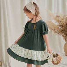 Linen Dresses Shein Young Girl Round Neck Puff Sleeve Dress With Linen Patchwork And Floral Print Featuring Bag Strap