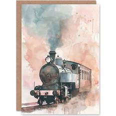 ARTERY8 Greeting card steam train blue pink watercolour railfan spotter blank birthday