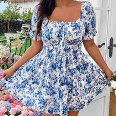 Shein Plus Elegant Square Neck Puff Sleeve Dress With DoubleLayered Hem Summer Vocation