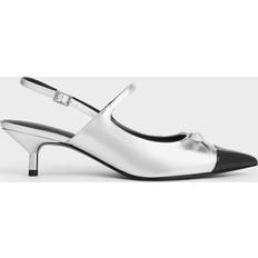 Charles & Keith Charles & Keith Metallic Bow Cap-Toe Kitten-Heel Slingback Pumps Silver