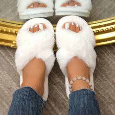 White Slippers Shein Womens Crossed Strap Fluffy Slippers Soft And Warm Furry Home Shoes With Open Toe And Comfortable Outdoor Wear Breathable