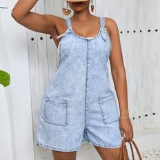 Shein Plus Denim Jumpsuit Sexy Casual Loose Fitting Blue For Vacation