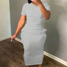 Adult - Grey Dresses Shein Plus Round Neck Solid Color Simple Casual Summer Short Sleeve Dress