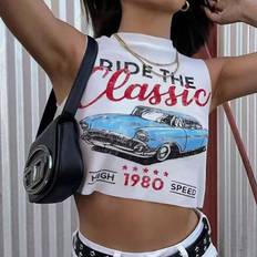 High Collar Tank Tops Shein Womens Summer Fashionable Car Letter Printed Cropped Tank Top