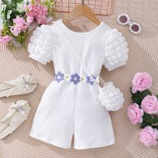 Shein Young Girl ShortSleeved Bubble Texture Jumpsuit With Crossed Back And Knit Stripe Fabric Including Bag