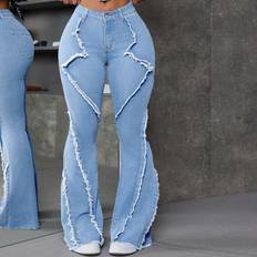 Stripes Jeans Shein Patchwork Frayed Trim Slim Fit Flared Jeans