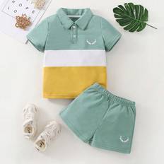 Dinosaurs Other Sets Children's Clothing Shein pcsSet Young Boy Fashionable Contrast Color Polo Shirt And Casual Shorts Set For Outdoor Activities With Deer Horn Print Summer