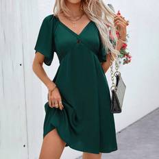 Dresses Shein Womens Summer Solid Color VNeck Crop Sleeve Elegant Crop Dress With Shoulder Pads