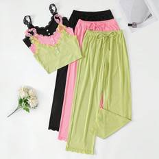 Multicoloured Pyjamas Shein Womens Comfortable Short Lace Top And Long Pants Pajama Set pcs