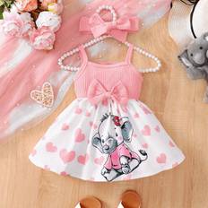 18-24M Dresses Shein Fashionable Baby Girls Summer Heart Printed Cartoon Elephant Cami Dress