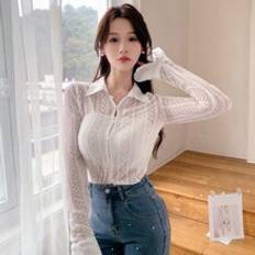 Transparent Blouses Shein Solid Color Lace Long Sleeve TurnDown Collar Womens Blouse