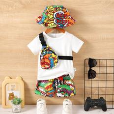 18-24M Other Sets Children's Clothing Shein pcs Baby Boys Casual Street Skating Game Machine Print Short Sleeve Top Shorts Backpack And Hat Summer Outfit