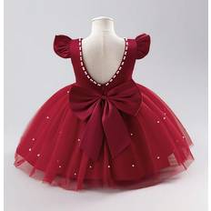 Party Dresses Children's Clothing Shein Baby Girl Elegant And Luxurious Dress With Flutter Sleeves Mesh Overlay Beaded Details And Bow Decorations Suitable For All Seasons