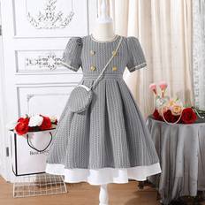 Boys Dresses Children's Clothing Shein Young Girls Plaid Woolen Fabric Short Sleeve Dress With Leg Style Woven Tape Detailing Golden Buttons Color Blocking Layered Hem And RoundShaped