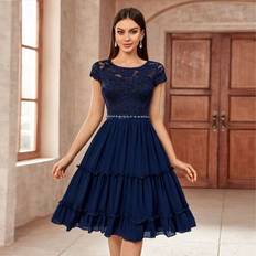 Shein A-Linien-Kleid für Cocktailpartys mit Blumenspitze und Chiffon-Schichtung mit einfarbigem Saum