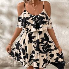 Shein Elegant Open Shoulder VNeck LotusLeaf TwoTone Floral Womens Dress