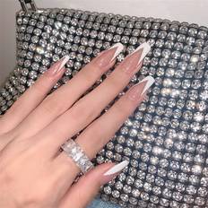 Loyerfyivos Extra Long Press on Nails White Ballerina Coffin Nails Flash Diamond Crystal Glossy Glue on Nails French Nail Tips