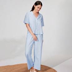 4XL Pyjamas Shein Fashion Lyocell Linen Sky Blue Long Pajama Set