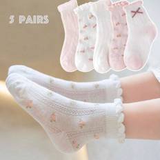 Pink Socks Children's Clothing Shein pairsSet Girls Kids Mesh High Elasticity Socks Frilly Lace Hem Floral Trim Athletic Socks SpringSummer Pink And White