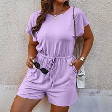 Shein Plus Round Neck Solid Color Short Sleeve Jumpsuit With Pockets Summer