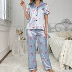 Shein Simulerad siden Flamingo Heart Print Pyjamas Set med Lapel krage