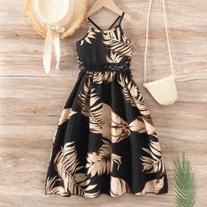 Children's Clothing Shein Young Girls Tropical Plant Print Hollow Waist Belted Spaghetti Strap Dress For Vacation