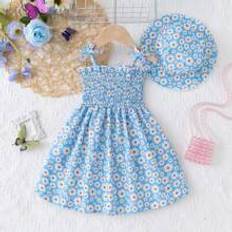 Shein Baby Girl Summer Bowknot Strap Klnning rmls fashionabla Daisy Printed Beach Sundress med hatt