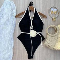 Spets Badkläder Shein Blomma Dekor Frgblock Damer HalterNeck One Piece Baddrkt