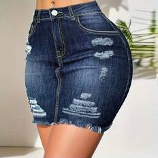 Normal Waist Skirts Shein Summer Distressed Frayed Hem Stretchy Bodycon Denim Skirt