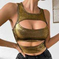 Gold Tank Tops Shein Womens Round Neck Gold Hollow Out Tank Top TightFitting