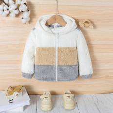 6-9M Jackets Shein Baby BoyGirl Casual Cute Simple Color Block Furry Hooded Jacket AutumnWinter