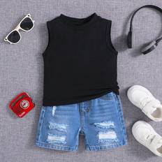 Boys Other Sets Shein Baby Boy Summer Trendy Solid Tank Top With Ripped Baggy Denim Jeans Shorts SetBaby Boy Summer Clothes Set Outfits