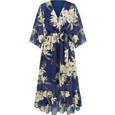 Floral Kimono Sleeves Dip Hem Wrap Midi Dress - Navy