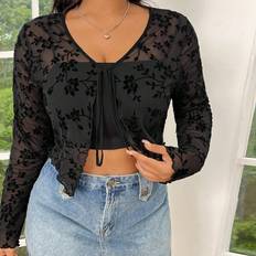 Shein Damen Große Größen Freizeitplüsch Mesh Blumen Tie-Front Crop Top für Frühling und Sommer