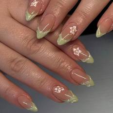 Shein Minimalism Cute White Flower Green Border French Sweet Style Medium To Long AlmondShaped False Nails Daily Dates 24-pack