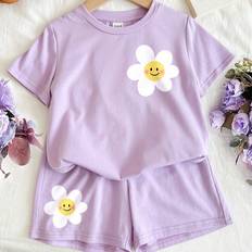 Polyester Other Sets Shein pcsSet Summer Purple Flower Print Smile Face Pattern TShirt And Shorts Outfit For Young Girls