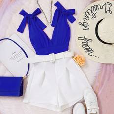 L Other Sets Children's Clothing Shein pcs Girls Solid Color LaceUp Casual Top And Belted Shorts Set
