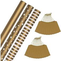 gold christmas wrapping paper and gift tag bundle 3 rolls of paper in